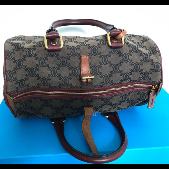 EUC Celine Paris Polochon brown logo burgundy leather satchel boston hand bag - Picture 7 of 10